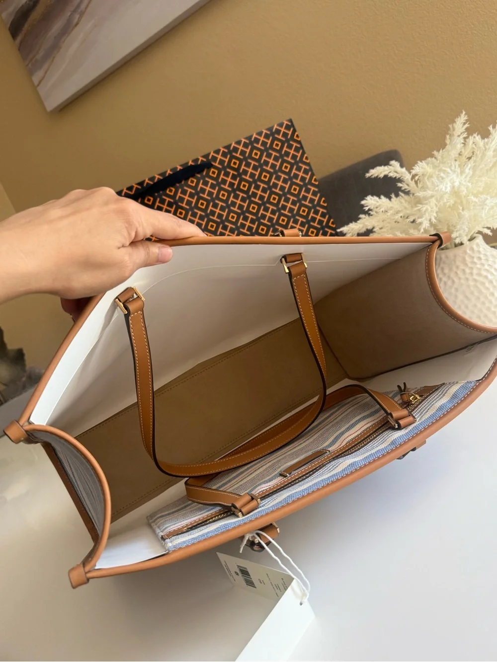 NWT, tory burch blake stripe canvas jumbo large tote multi walnut $550
